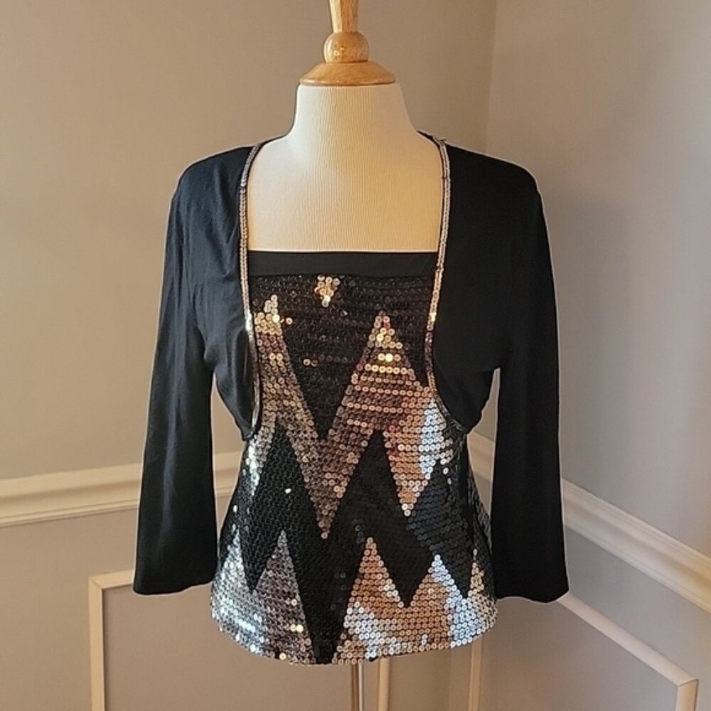 THE LIMITED & SHELLY Bundle Metallic Sequin Party Glam Holiday Top Cropped Shrug